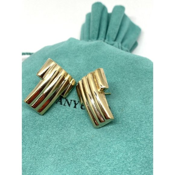 14 kt Gold Tiffany & Co Makers T GROOVE Earrings RARE Box Pouch Ribbon Bag
